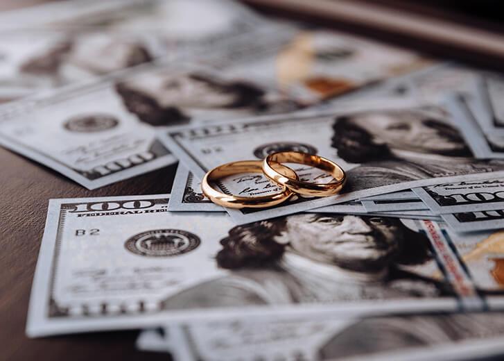Wedding rings on money background